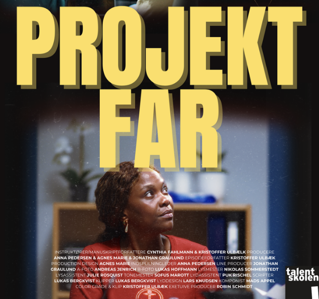 Plakat for Projekt Far med titel i gul og et portræt af en kvinde